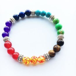 7 colour beads lava stone chakra bracelet strands elastic energy yoga bracelets women 100pcs/lot