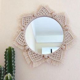 -Зеркало круглые богемные макраме ручной работы из ручной работы варежная веревка дома висит стены украшения солнца цветка цветка зеркал