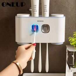 ONEUP Automatic Toothpaste Dispenser Dust-proof Toothbrush Holder With Cups No Nail Wall Stand Shelf Bathroom Accessories Set 210322