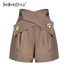 TWOTWINSTYLE Elegant Patchwork Women Shorts High Waist Asymmteircal Hit Color Loose Short Pants For Female Clothes Fashion 210323
