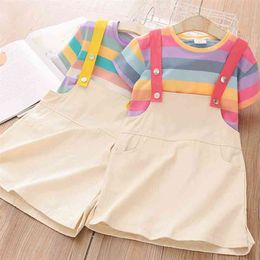 Summer 2 3 4 6 8 10 12 Years Baby Overalls Cotton Dress+Short Sleeve Stripe T-shirt 2 Pcs School Kids Girls Clothes Set 210625