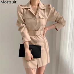 Stylish Single Breasted Women Dress Full Sleeve Noched Collar Belted Mini Dresses Korean Office Ladies Fashion Vestidos 210513