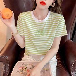 summer stripe Women T-shirt Harajuku Short-Sleeved Cotton Loose Korean Female Clothes 210507