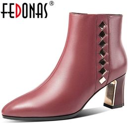 Women Short Autumn Winter Warm Boots For Genuine Leather Shoes Woman Metal Decoration High Heels 210528