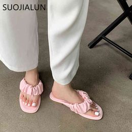 SUOJIALUN 2021 New Summer Women Flip Flop Fashion Brand Pleated Slipper Flat Heel Casual Outdoor Beach Slides Slip On Sandals K78