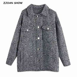 Spring Oversize Mix color Weave Tweed Jacket Coat Vintage Long Sleeve Shirt Pockets Female Outerwear Chic Tops 210429