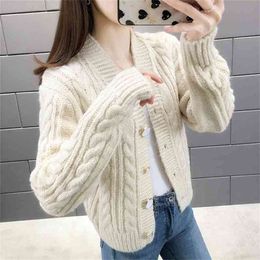 Spring College Style Flower Print Knitted Doat Loose Retro V-neck Cute Light Green Sweater Cardigan Blouse Casual Section 210427