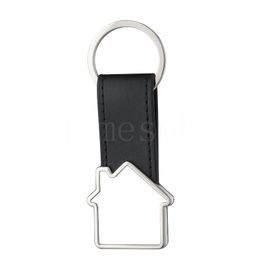 Home Personalized Metal Keychain Favor Sublimation House-shape Keyring with PU Leather Ring Unique Rectangle Souvenir Key Pendant DD913