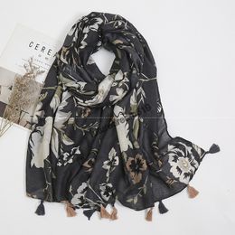 2021 Fashion Autumn Women Cotton Hijab Scarf Black Floral Tassel Beach Shawls and Wraps Female Foulards Echarpe Muslim Hijab