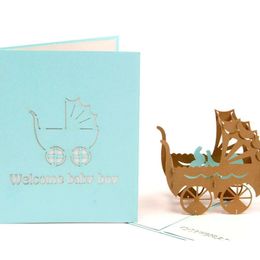 3D Baby Carriages Greeting Card Pop Up Origami Paper Laser Cut Postcard Birthday Party Kirigami Invitation Card