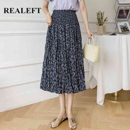 Summer Pleated Skirt for Women Elegant Chiffon Printing Swing Elastic High Waist Midi Length Spring Skirts Female 210428