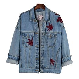 Women Blue Denim Jacket Pocket Long Sleeves Jean Turn Down Collar Loose Maple Leaf Embroidery C0308 210514