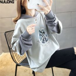 Autumn Winter Grey Loose Patchwork Fake Two Pices Hoodies Collar Female Vintage Long Sleeve Pullovers Women's 210514