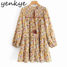 Multicolor Floral Print Dress Women Lace Up O Neck Long Sleeve Casual Loose Spring Plus Size Short Vestido 210430