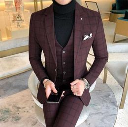 ( Jacket + Vest + Pants ) 2019 New Men's Fashion Boutique Plaid Wedding Dress Suit Three-piece Male Formal Business Casual Suits X0909