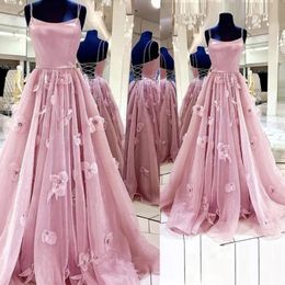 Sexy Blush Pink Prom Dresses Spaghetti Straps Flowers A Line Girl Party Dress For Graduation Sweet Long Tulle Evening Gowns Robe De Soire