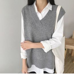 Autumn Winter Women Split Vest Sweater Sleeveless V Neck Loose Casual Knitted Jumper Top Oversized Soft Pullover Sweater 210521