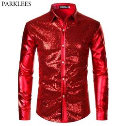 Red Sequin Metallic Patchwork Shirt Men 70's Disco Nightclub Sparkle Shirt Mens Halloween Party Stage Prom Costume 2XL 210522