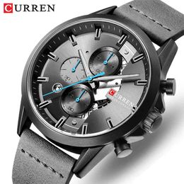 CURREN Luxury Brand Men's Chronograph Quartz Watch Men Fashion Military Sport Wristwatches Leather Waterproof Analog Male Clock 210517