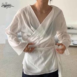V-neck Long Sleeve Self-regulating Vintage Korea Breathable Shirt Women Slim Sashes Tie Solid See Through Blouse Blusas 11675 210508