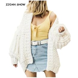 Street V Neck Big Lantern Sleeve Cardigan Sweater Retro Women Hand Knitted Knitwear Jumper kleding jerseis mujer femme 5 Colors 210429