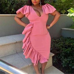 Sexy Dresses For Women Summer Pink Ruffles Bodyycon V Neck Solid Elegant Evening Night Party Vestidos Wholesale 210510