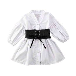 2021 Spring Kids Clothes Girls Sashes White Shirt Dress Long Sleeve Cotton Children'S Dress For Toddler 4 5 6 7 8 9 10 11 Years G1218