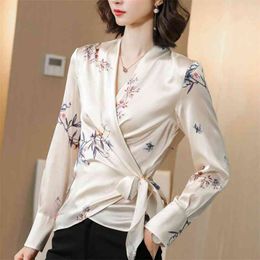 Korean Silk Women Blouses Woman Satin Print Shirt Long Sleeve Tops Plus Size Elegant Floral 210427