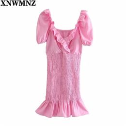 Women Fashion Summer V Neck Pink Ruffles Dresses Elegant Short Sleeve Sheath Ladies smocked elastic hem Mini 210520