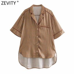 Zevity Women Vintage Geometric Print Casual Loose Smock Blouse Female Short Sleeve Kimono Shirts Chic Blusas Tops LS7677 210603