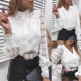 Jocoo Jolee Women Sexy Lace Patchwork Hollow Out T-Shirt Elegant Solid Long Sleeve Crew Neck Button Mesh Blouse Casual Tops 210619