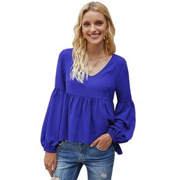 Women's Autumn Solid Colour Baby Shirt Long Sleeve Top Lantern Fashion Sweet Cute Knitted Loose V-neck Pullover 210522