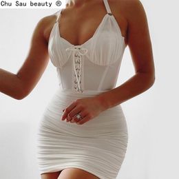 White Mesh Patchwork Sexy Dress Women Halter Lace Up Sleeveless Summer Ropa Mujer Elastic Body-con Party 210514