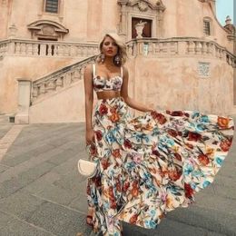 Floral Print Women Summer Dress Sleeveless 2 Piece Set Bohemian es Holiday Vestidos Chic Plus Size Beach Rode 210608