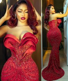 2022 Plus Size Arabic Aso Ebi Luxurious Red Mermaid Prom Dresses Beaded Stylish Evening Formal Party Second Reception Birthday Engagement Gowns Dress ZJ204