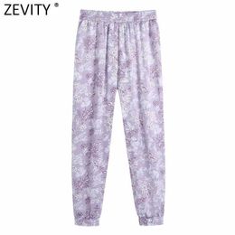 Zevity Women Tropical Floral Print Purple Harem Pants Female Chic Elastic Waist Casual Slim Ankle Length Pantalones Mujer P1026 210603