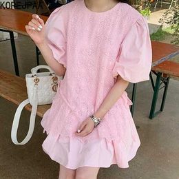 Korejpaa Women Dress Summer Age-Reducing Sweet Round Neck Heavy Industry Lace Crochet Stitching Lantern Sleeve Vestidos 210526