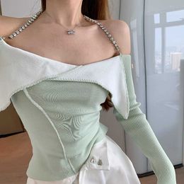 Sexy Long Sleeve Contrast Halter Knitted Tops Korean Chic Sweet Slim Off Shoulder T Shirts Pullovers Jumpers Mujer Camisetas 210610