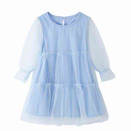 Jumping Metres Breathable Dress Girls with Net-yarn Solid Colour Round Neck Cotton Kids Autumn Long Sleeve for Sky Blue Dresses G1215