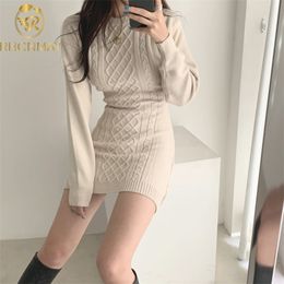 Fashion Hollow Out Waist Sweater Dress Women Autumn Winter High Elastic Twist Knitted Casual Bodycon Mini 3 Colours 210506