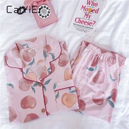 CAIYIER Autumn Winter Women Pajamas Set Lovely Peach Girls Nightwear Leisure Cotton Ladies Long Sleeve Sleepwear Loungewear M-2L 210320