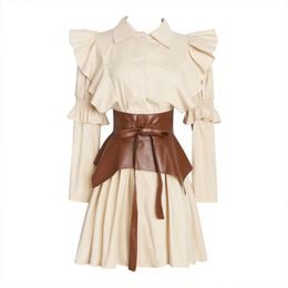 Chic Turn-Down Collar Mini Long-Sleeve Women Shirts Dresses Solid Khaki Blue A-line Spring Autumn Ruffle Leather D2080 210514