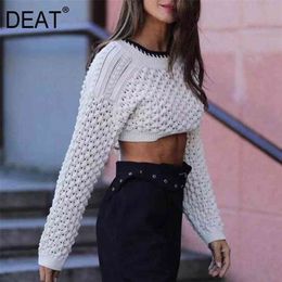 [DEAT] White Fashion Spring Summer Round Neck Hollow Out Backless Drawstring Knitting Loose Sweater Women 13C215 210812