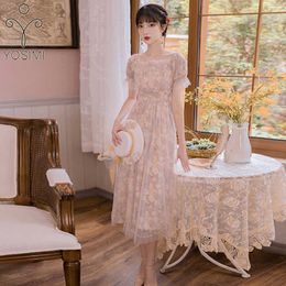 YOSIMI Long Women Dress Summer pink Floral Print chiffon and Voile Short Sleeve A-line Mid-calf Empire Party Elegant 210604