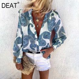 [DEAT] Summer Fashion Single-breasted Printing Stand-up Collar Long Sleeve Loose Elegant Wqomen Shirt 13Q009 210527