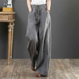 Pure linen Large size wide leg pants drawstring elastic waist cotton and women Trousers Summer Long Pants 210915