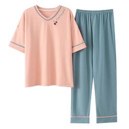 Spring Summer Home Clothing M-5XL Big Size Ladies's Pajamas Green Patchwork Sleeves Cartoon Printing Plu's Sleepwear 210809