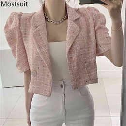 Vintage Korean Women Coat Jacket Summer Short Sleeve Notched Collar One Button Tops Elegant Ladies Coats Femme 210513