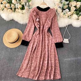 Fashion A-line Dress Women's Autumn and Winter Round Neck Slim Floral Print Long Sleeve Elegant Clothings Vestidos Q308 210527