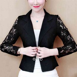 Jacket Women Long Sleeve V-neck Office 3XL 4XL Black White Hollow Lace Coat D105 210914